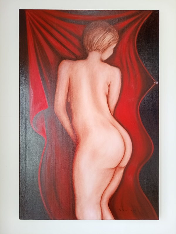 Backturned by Valeriu Cazacevschi. Painting of a woman seen from behind, turning toward red curtains against a dark background.