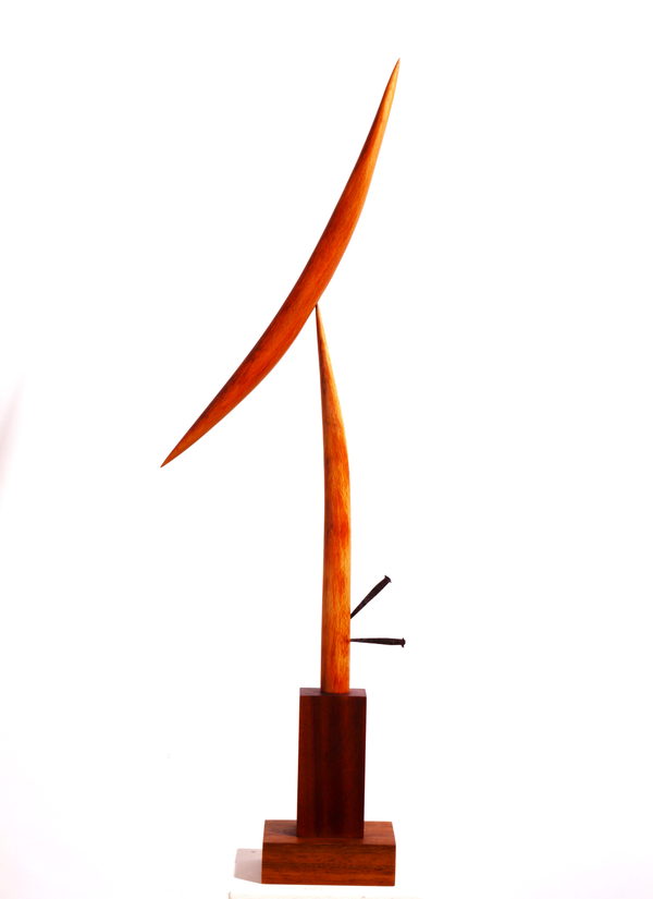 Bird in Space by Valeriu Cazacevschi. Alternate view of the crossing curved forms and stepped wooden base.