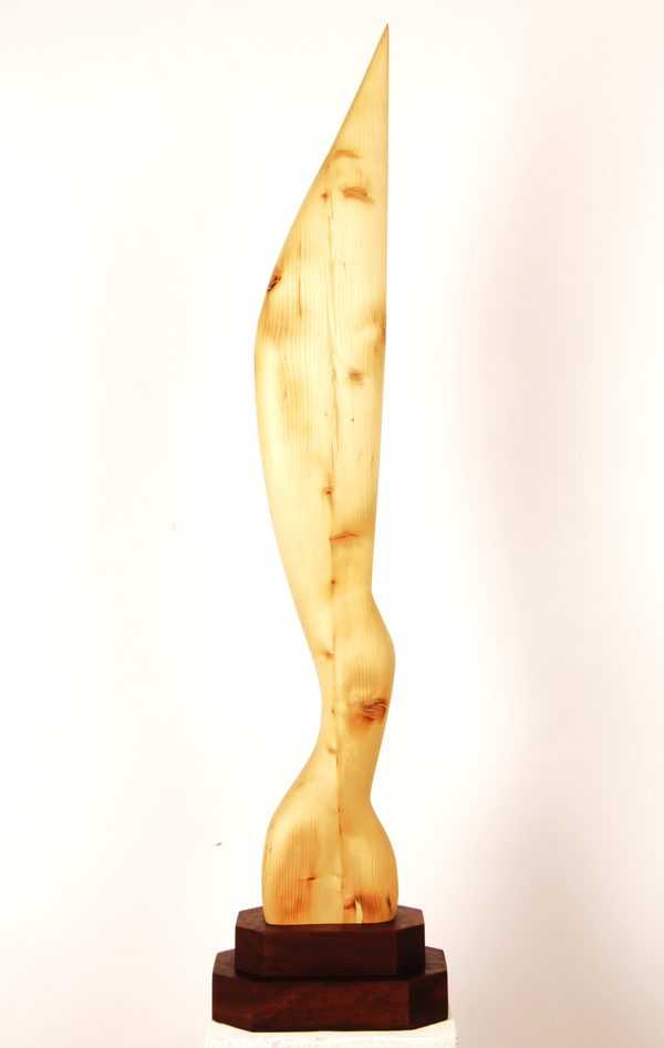 Bird in Space (Large) (2023) by Valeriu Cazacevschi. A tall carved form in pale wood curving upward like a blade, on a dark stepped base.