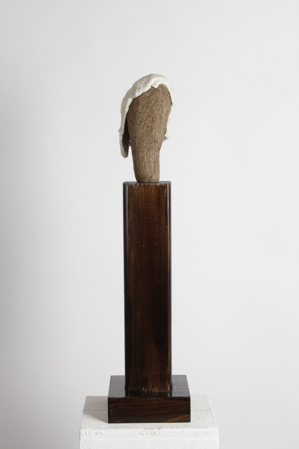 Caora (2020) by Valeriu Cazacevschi. An elongated stone-textured head with a white, cap-like form over the top, on a tall dark wooden plinth.
