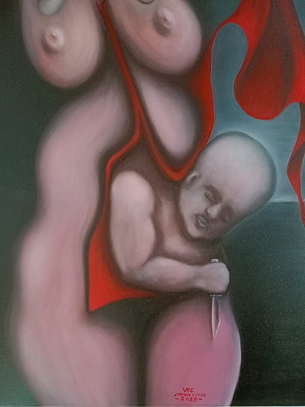 Geopolitical Child: War by Valeriu Cazacevschi. Detail of the child and surrounding pink forms beneath red fabric.