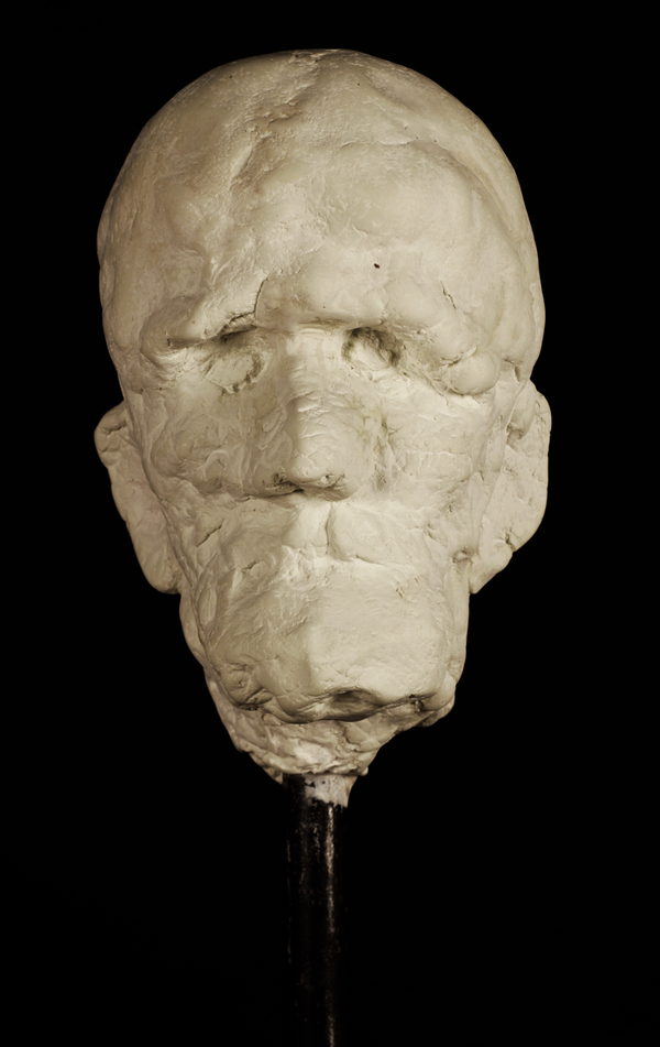 Head of an Old Man 3 by Valeriu Cazacevschi. A pale, deeply modelled head of an old man with a heavy brow, mounted on a metal rod.