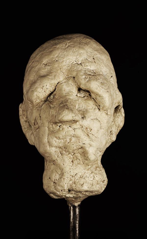 Head of an Old Person, Problems (2023) by Valeriu Cazacevschi. A heavily textured pale head with closed eyes, mounted on a metal rod.