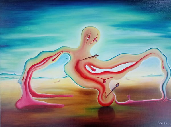 My mother's abortion by Valeriu Cazacevschi. Surreal painting of an elongated pink figure containing a red anatomical form, set against a turquoise sky and a warm landscape.