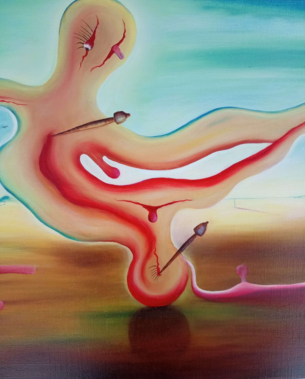 My mother's abortion by Valeriu Cazacevschi. Detail of the figure and the branching red and white form across its torso.