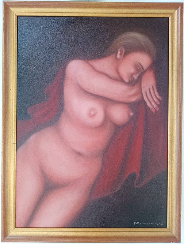Sleeping Woman by Valeriu Cazacevschi. Framed painting of a reclining woman with closed eyes, her head resting on her folded hands against dark red drapery.